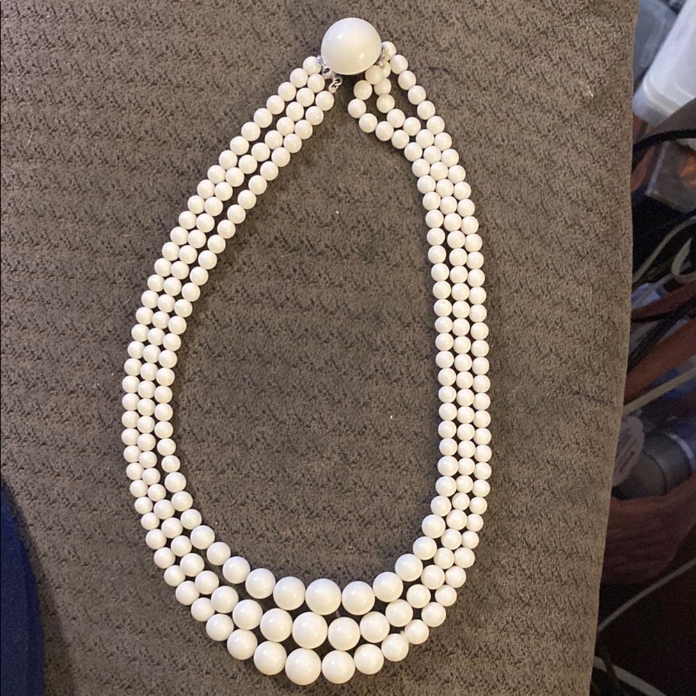 Vintage Japan Three Strand White Plastic Bead Necklace
